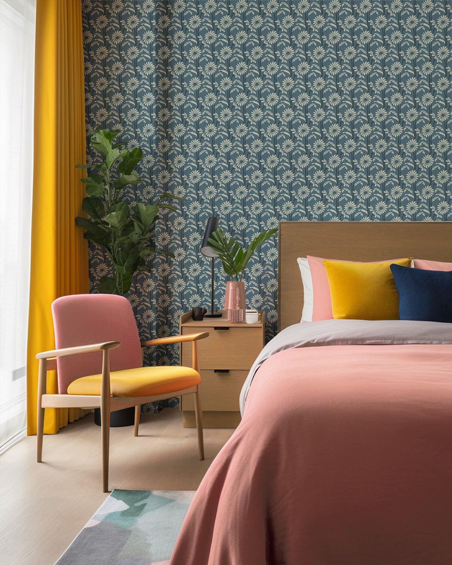 Mitchell Black Woodland Bloom Floral Wallpaper bedroom in shade Slate Blue at Say Decor