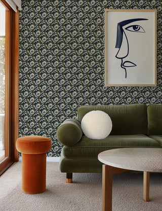 Mitchell Black Woodland Bloom Floral Wallpaper living room in shade Soot at Say Decor