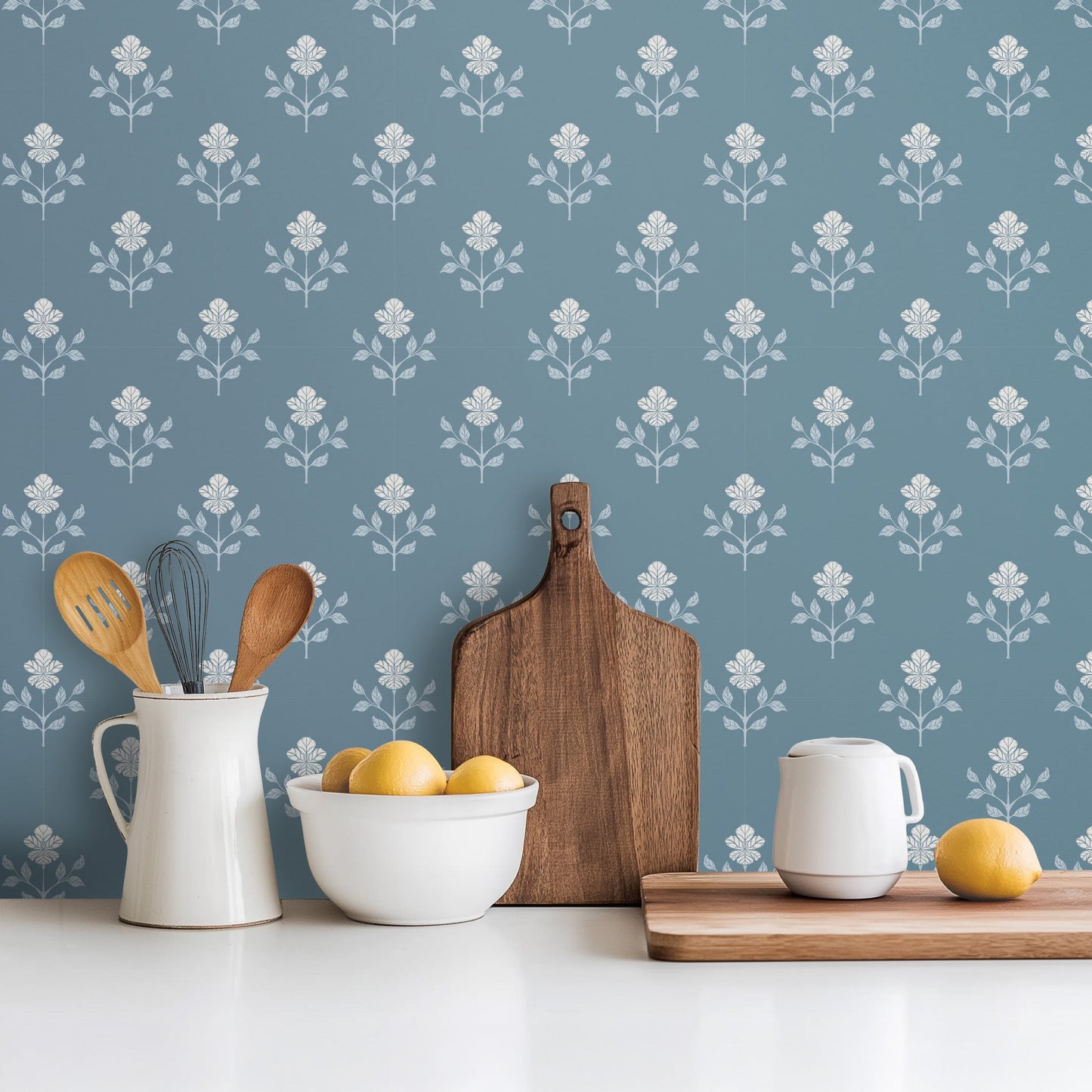 blue floral peel and stick wallpaper kitchen from Loomwell Home Goods