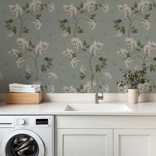 Clarke Blue Floral Dragonfly Peel and Stick Wallpaper Laundry Room from Say Decor