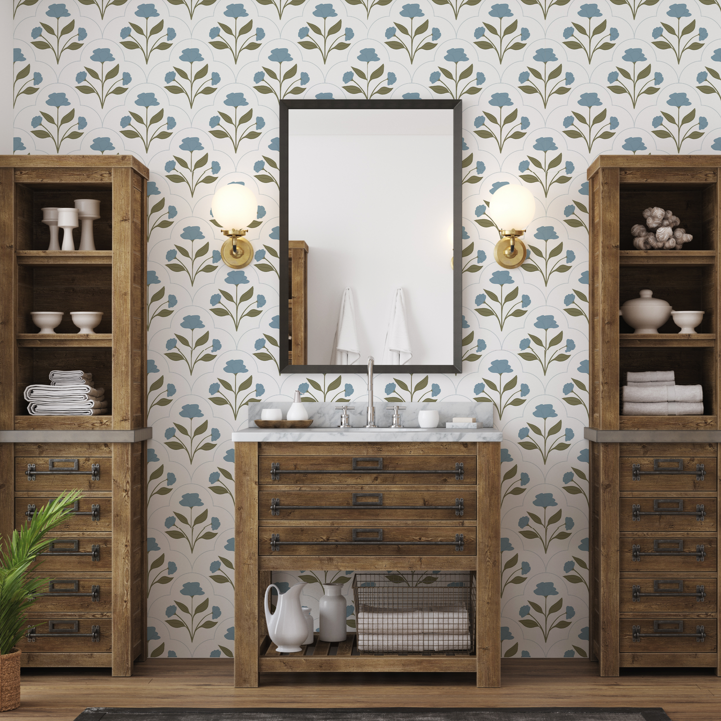 Nicole Blue Floral Peel and Stick Wallpaper Bathroom from Say Decor