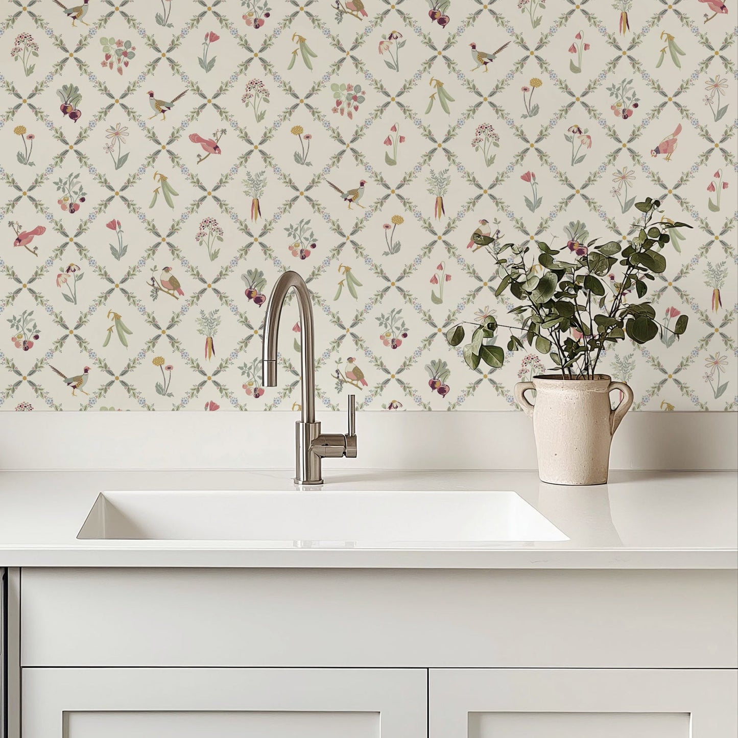 Cream Kacie Bird and Botany Peel and Stick Wallpaper Kitchen from Say Decor