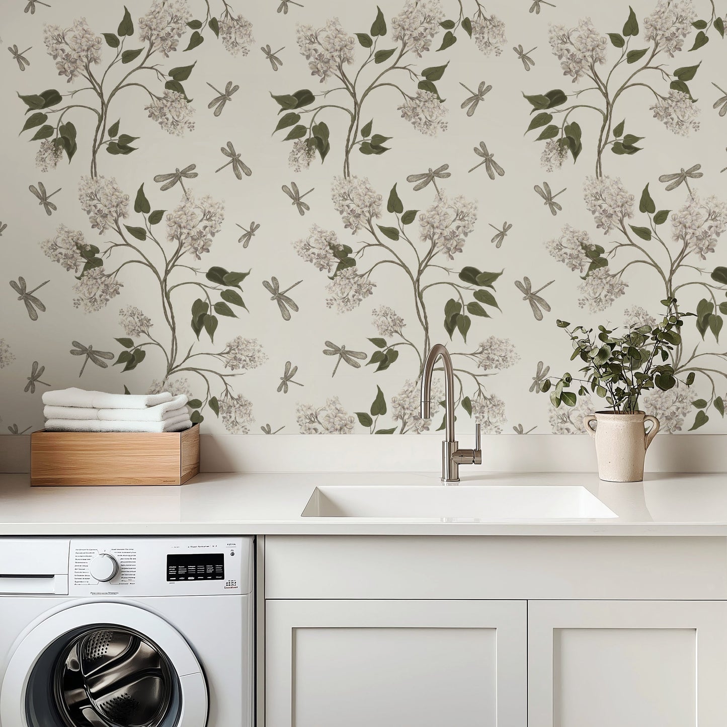 Clarke White Floral Dragonfly Peel and Stick Wallpaper Laundry Room from Say Decor