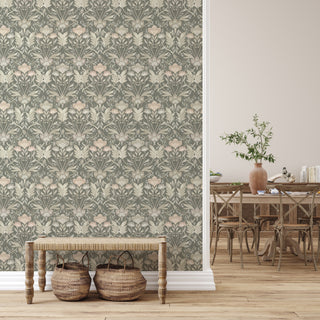 Grey Bloomery Morris Flower Peel and Stick Wallpaper Dining Room from Say Decor