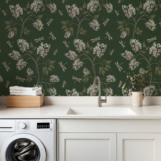 Clarke Green Floral Dragonfly Peel and Stick Wallpaper Laundry Room from Say Decor