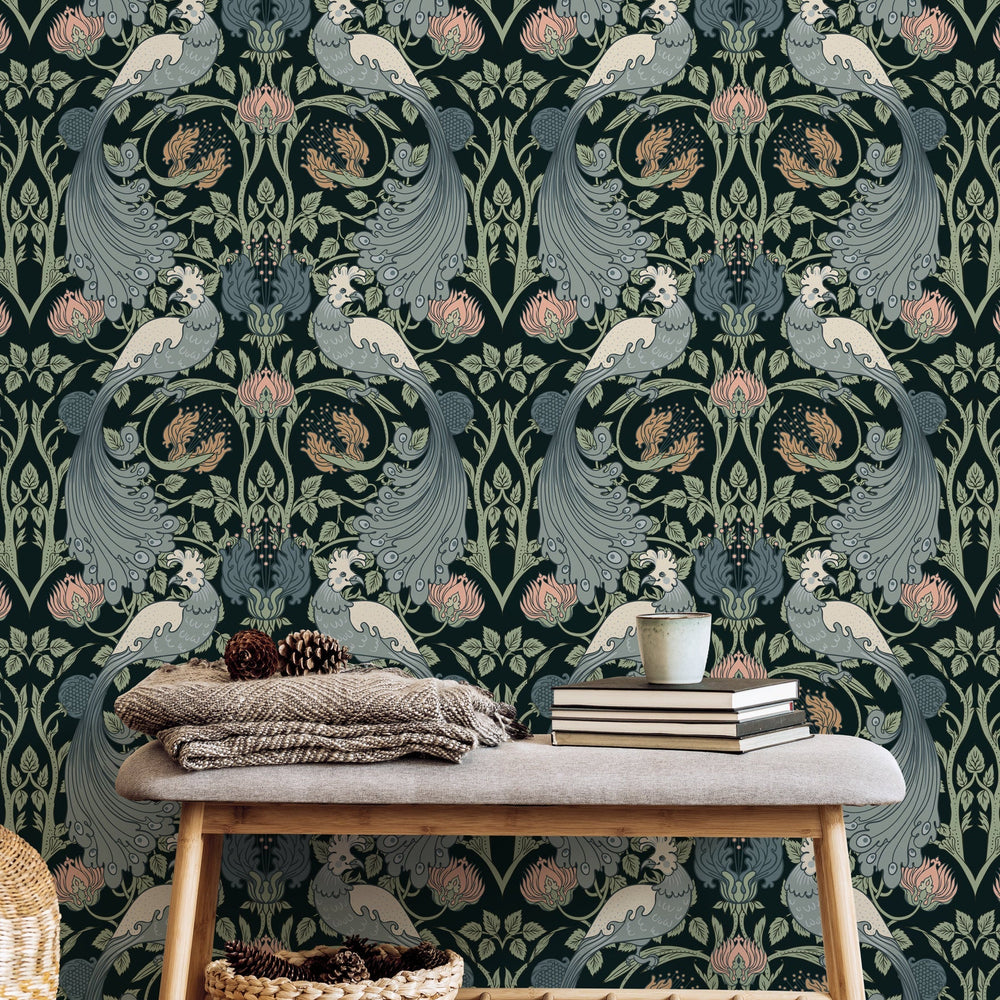 Bird floral vintage William Morris wallpaper entryway from Say Decor