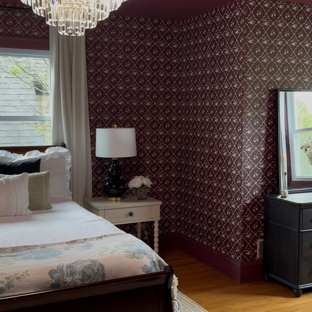 
                  
                    red floral lattice peel and stick wallpaper bedroom from Loomwell Home Goods
                  
                