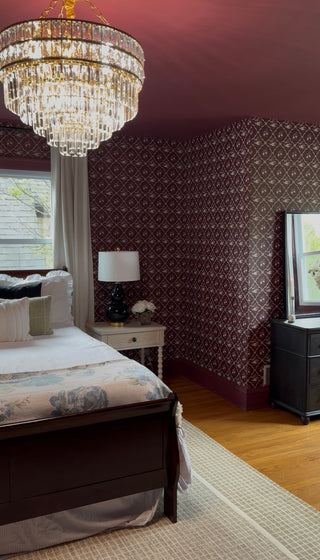 red floral lattice peel and stick wallpaper bedroom from Loomwell Home Goods