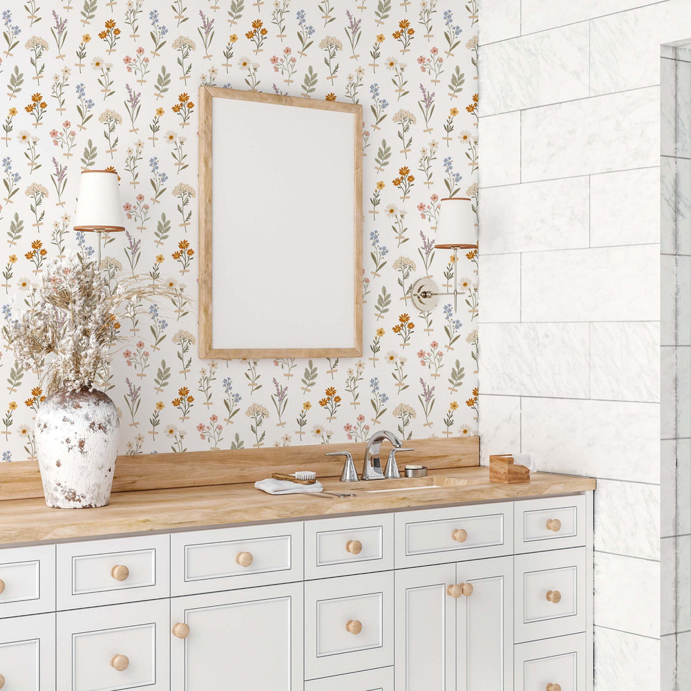 floral peel and stick wallpaper bathroom from Loomwell Home Goods
