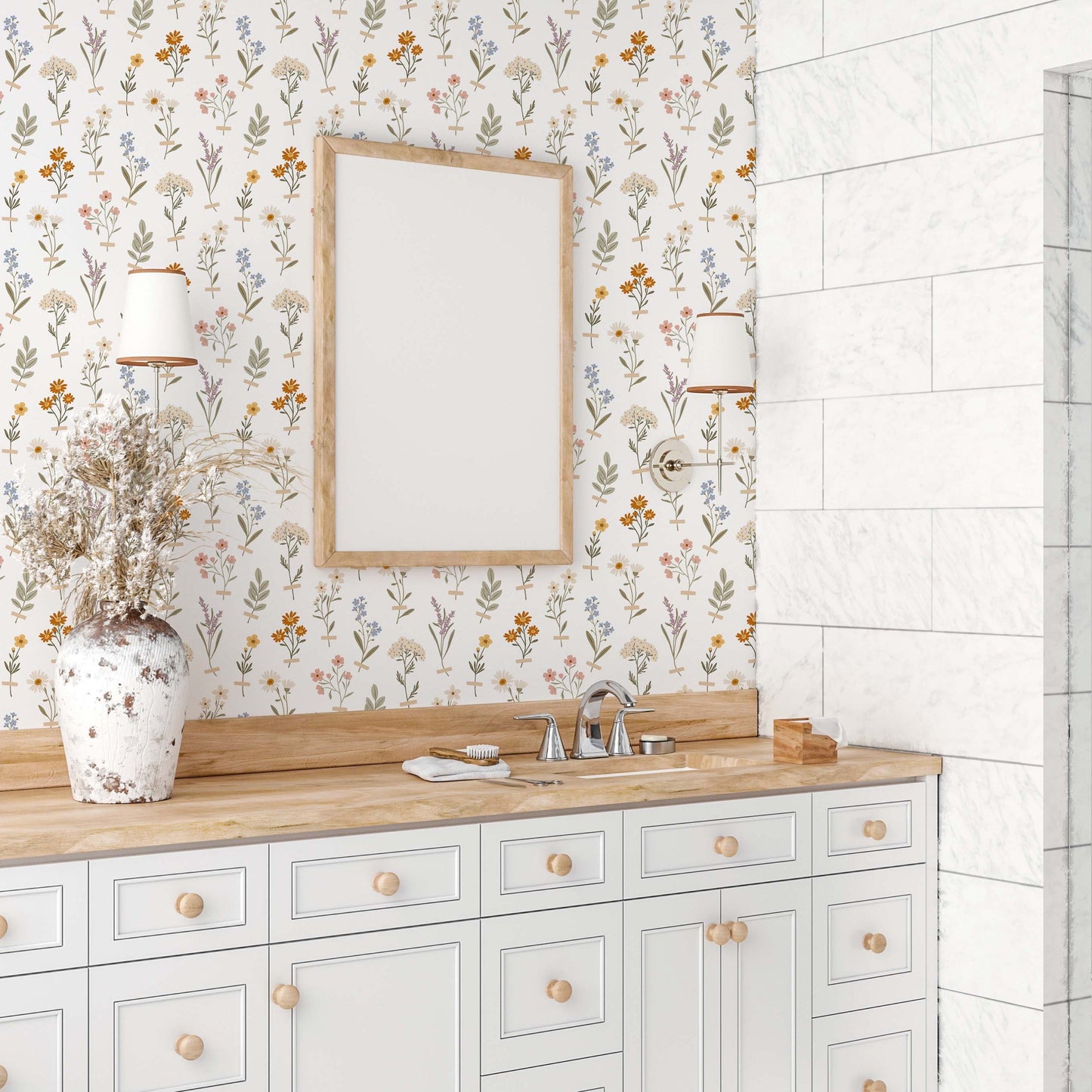 floral peel and stick wallpaper bathroom from Loomwell Home Goods