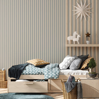 light blue striped peel and stick wallpaper bedroom from Loomwell Home Goods