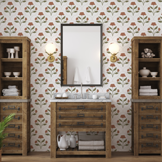 Nicole Red Floral Peel and Stick Wallpaper Bathroom from Say Decor