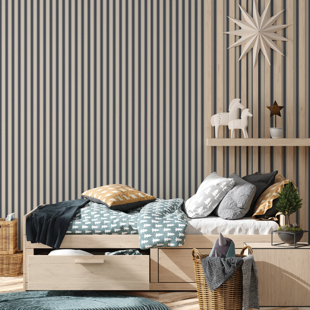 navy striped peel and stick wallpaper bedroom from Loomwell Home Goods