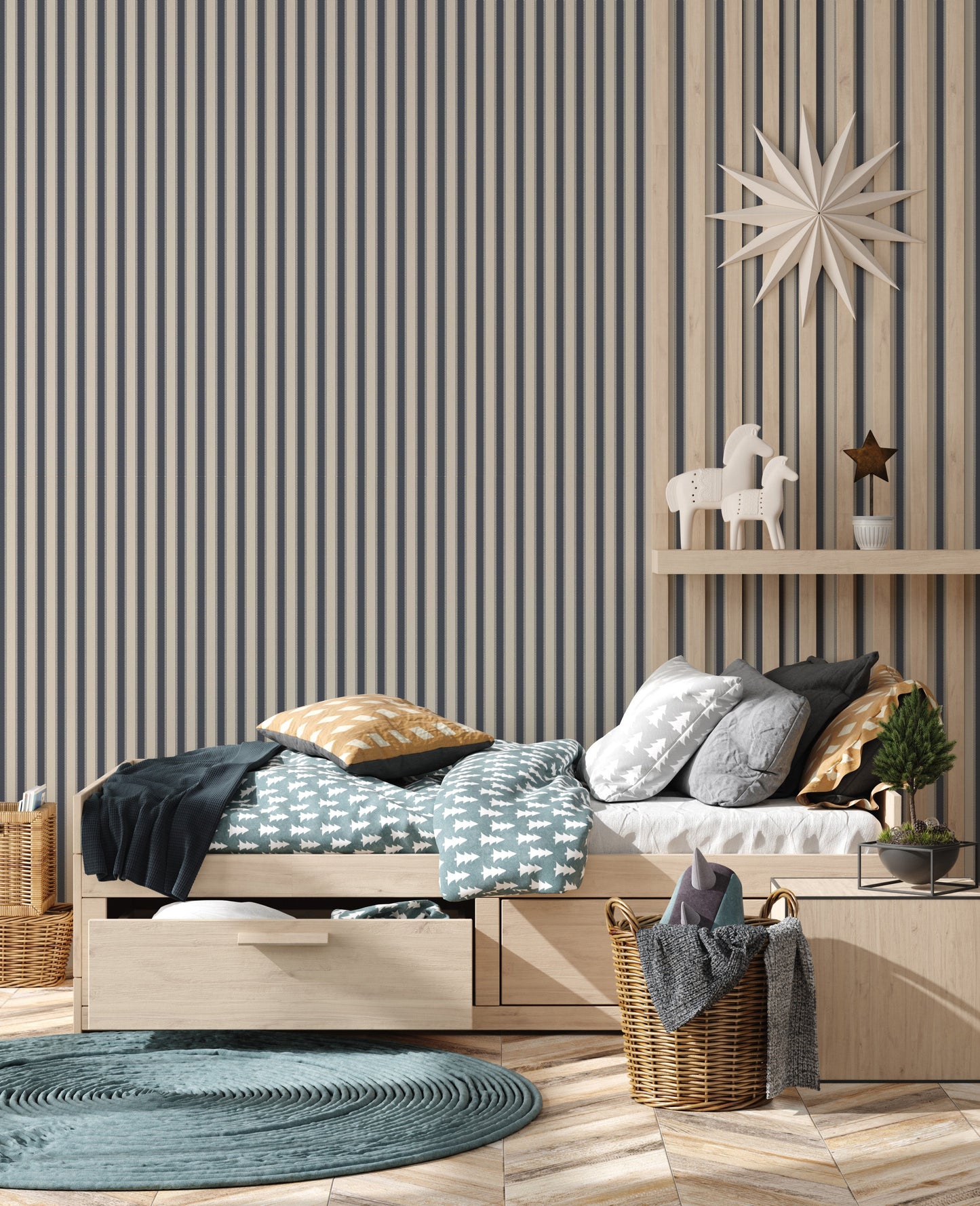 navy striped peel and stick wallpaper bedroom from Loomwell Home Goods