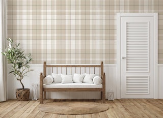 Irvine Plaid Peel and Stick Wallpaper entryway in shade Neutral Green at Say Decor