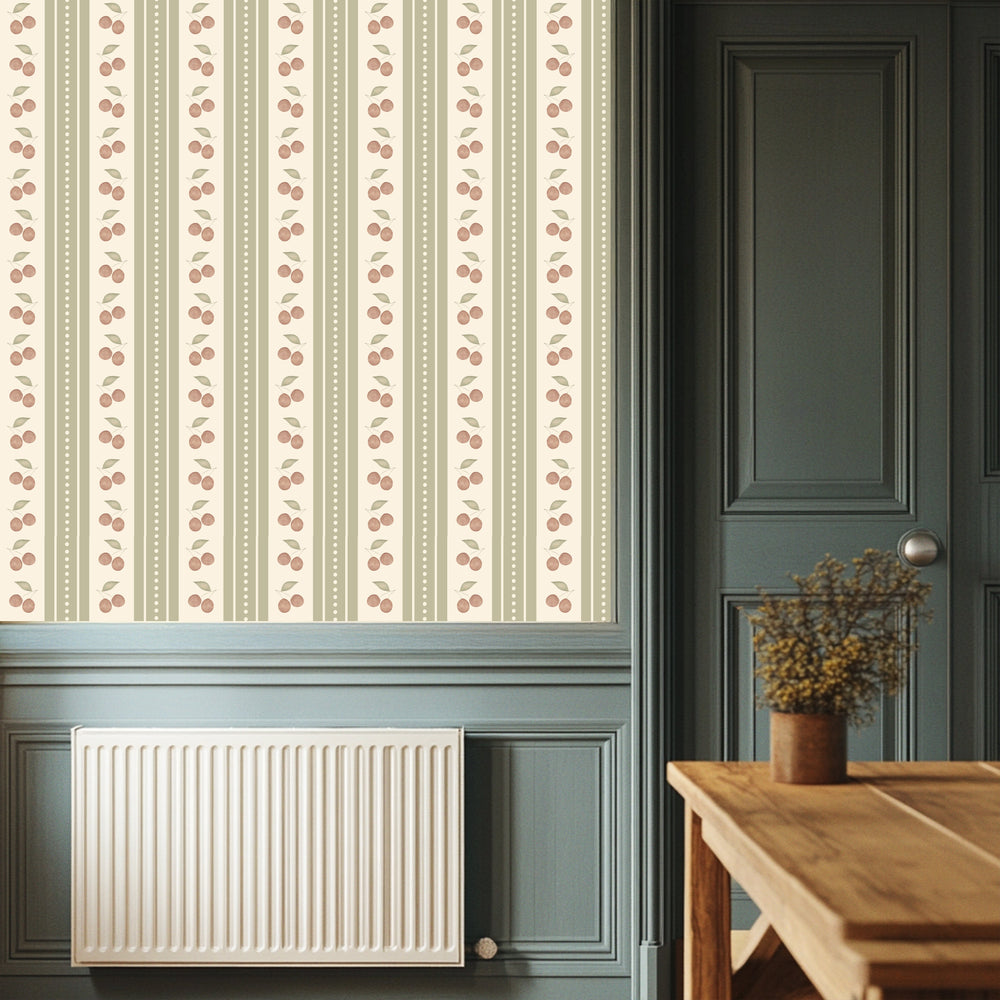 
                  
                    green cherry stripe peel and stick kitchen wallpaper from Loomwell Home Goods
                  
                