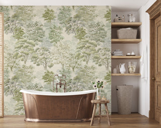 Leland Forest Peel and Stick Wallpaper bathroom in shade Sage Green at Say Decor