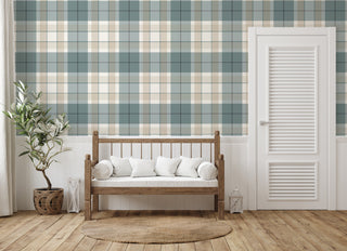 Irvine Plaid Peel and Stick Wallpaper Entryway in shade Teal at Say Decor