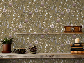 Kirsten Floral Peel and Stick Wallpaper in shade mustard decor at Say Decor