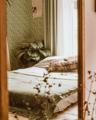 Riverpine Studio Soft Sage Wild Geranium Floral Wallpaper Bedroom at Say Decor