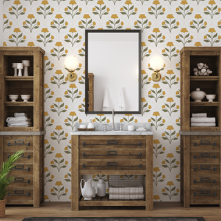 Nicole Yellow Floral Peel and Stick Wallpaper Bathroom from Say Decor