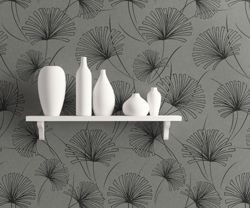 1302402 silver palm botanical wallpaper decor from the Black and White collection by Etten Gallerie