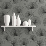 1302402 silver palm botanical wallpaper decor from the Black and White collection by Etten Gallerie
