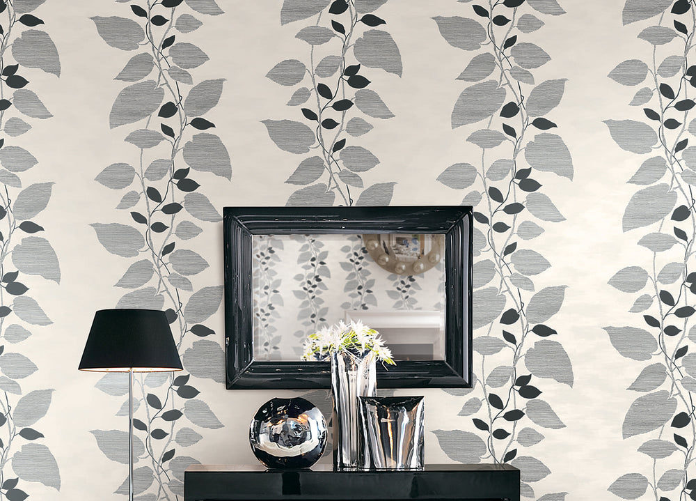 1303200 glitter leaf trail botanical wallpaper entryway from the Black and White collection by Etten Gallerie