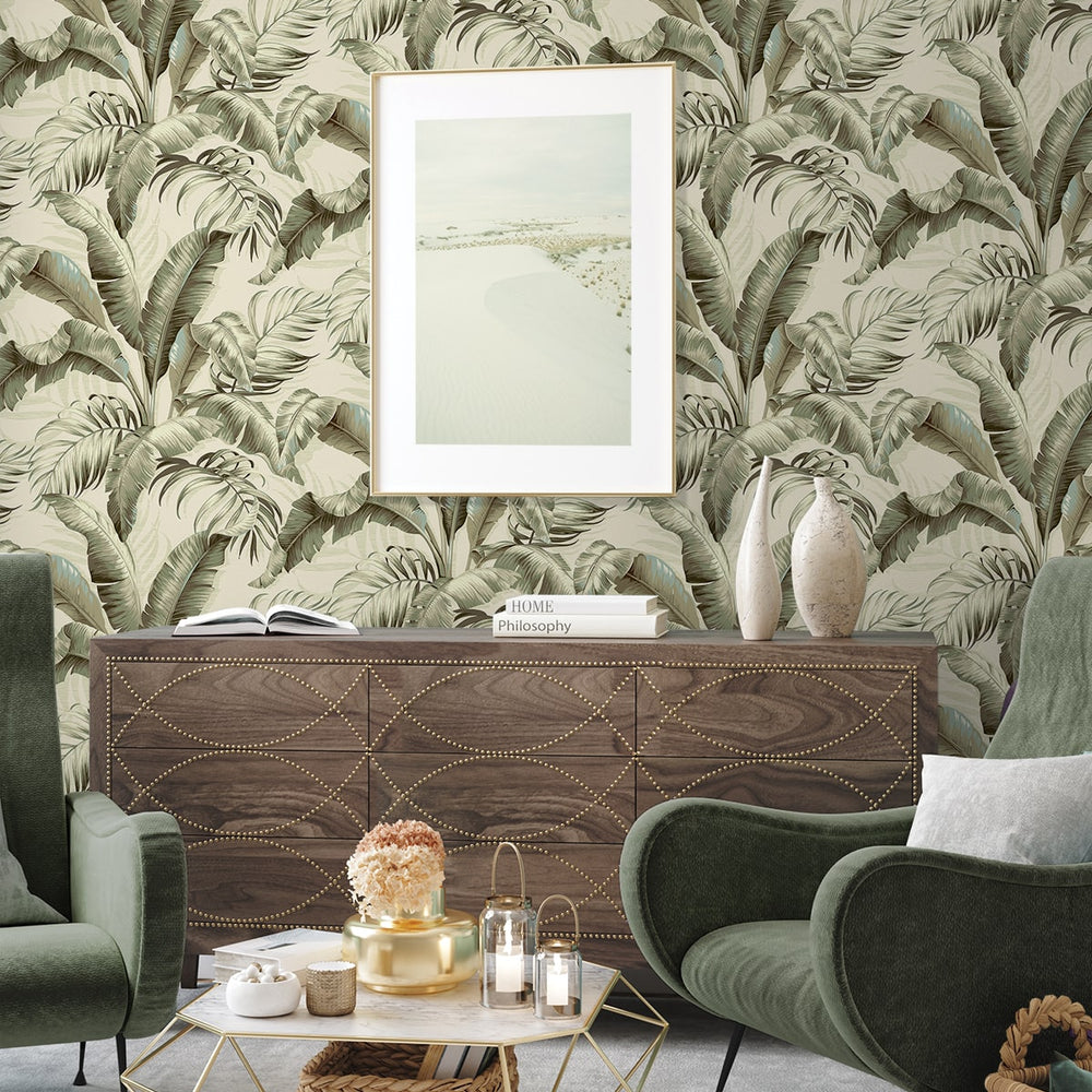 
                  
                    Palm leaf peel and stick wallpaper living room 802801WR from Tommy Bahama Home
                  
                