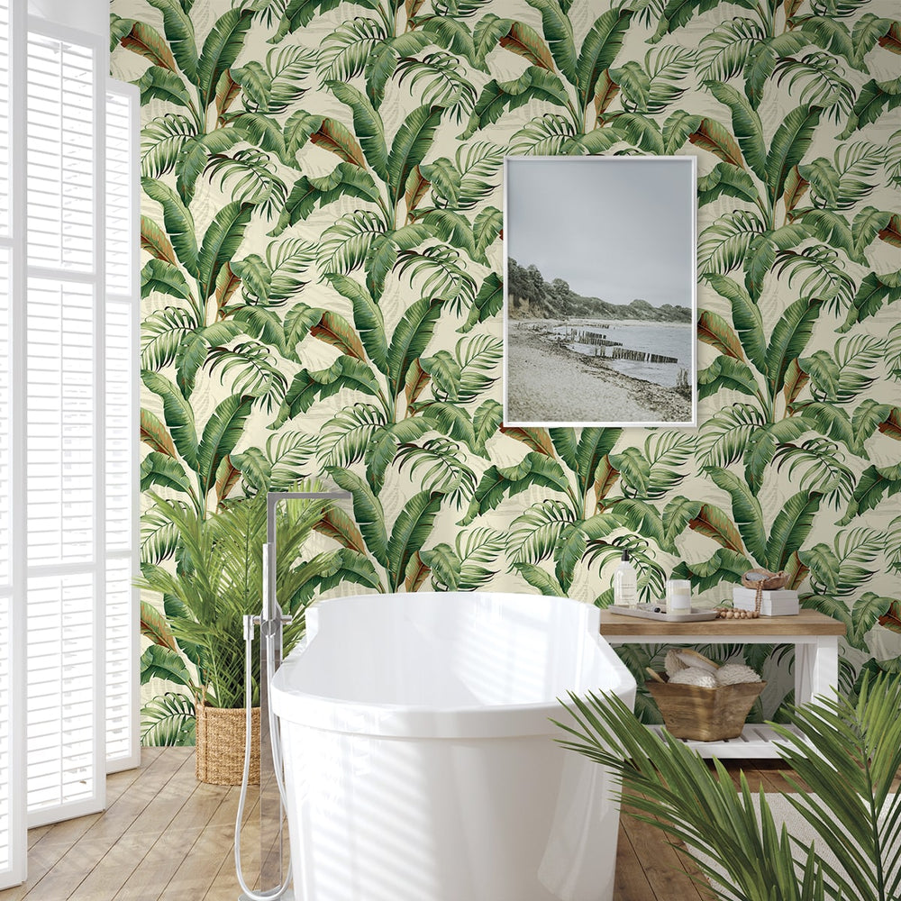 Palm leaf peel and stick wallpaper bathroom 802802WR from Tommy Bahama Home