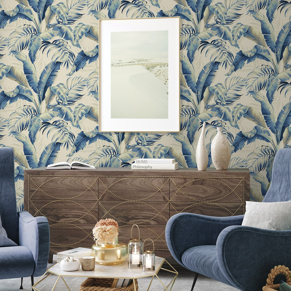 
                  
                    Palm leaf peel and stick wallpaper living room 802803WR from Tommy Bahama Home
                  
                