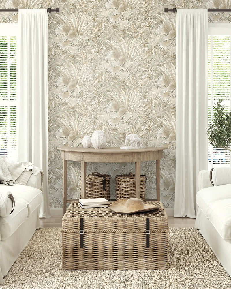 802831WR palm leaf peel and stick wallpaper living room from Tommy Bahama Home