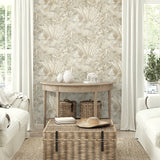 802831WR palm leaf peel and stick wallpaper living room from Tommy Bahama Home