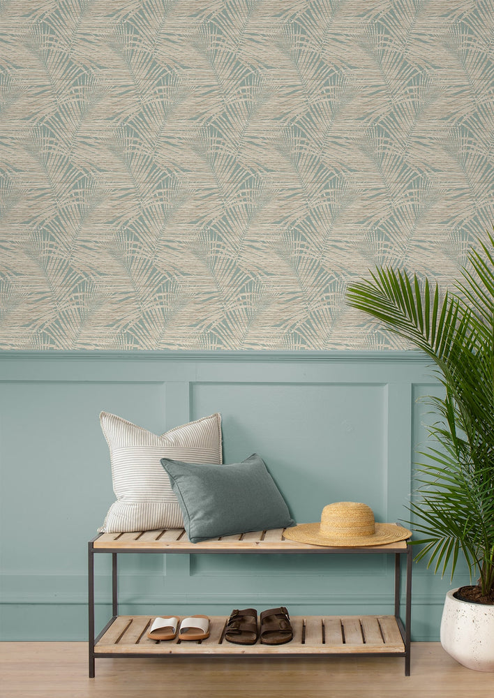 802840WR palm leaf peel and stick wallpaper entryway from Tommy Bahama Home