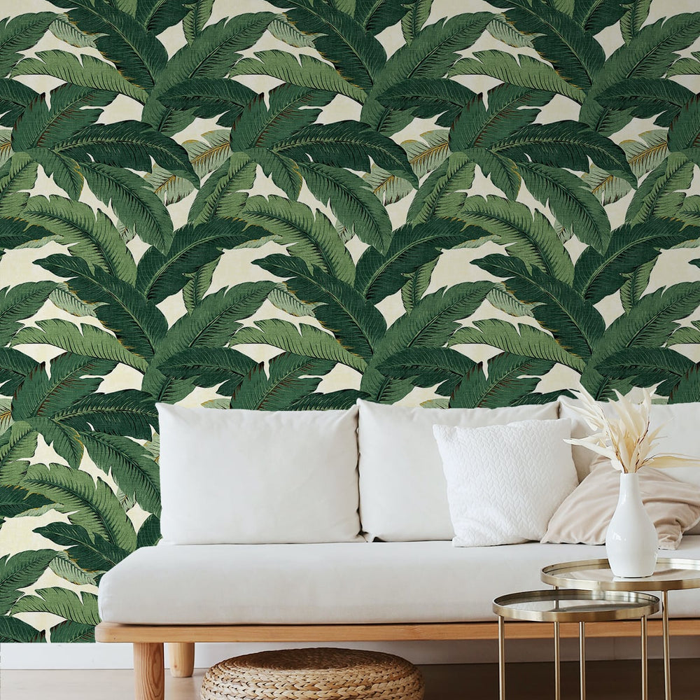Palm leaf peel and stick wallpaper living room 802850WR from Tommy Bahama Home