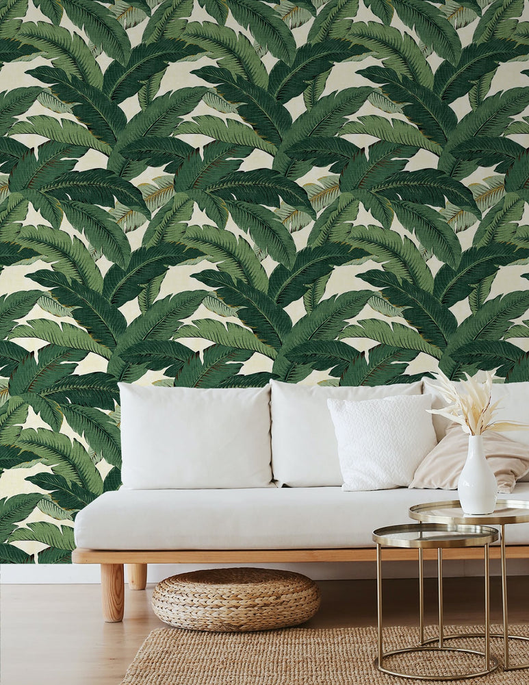 Palm leaf peel and stick wallpaper living room 802850WR from Tommy Bahama Home