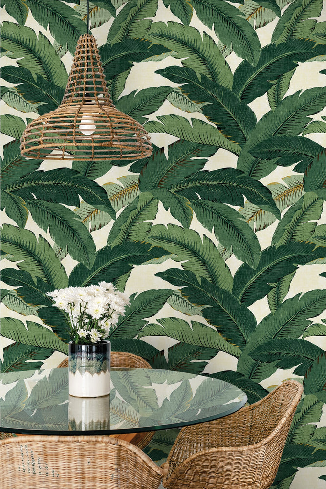 Palm leaf peel and stick wallpaper dining room 802850WR from Tommy Bahama Home