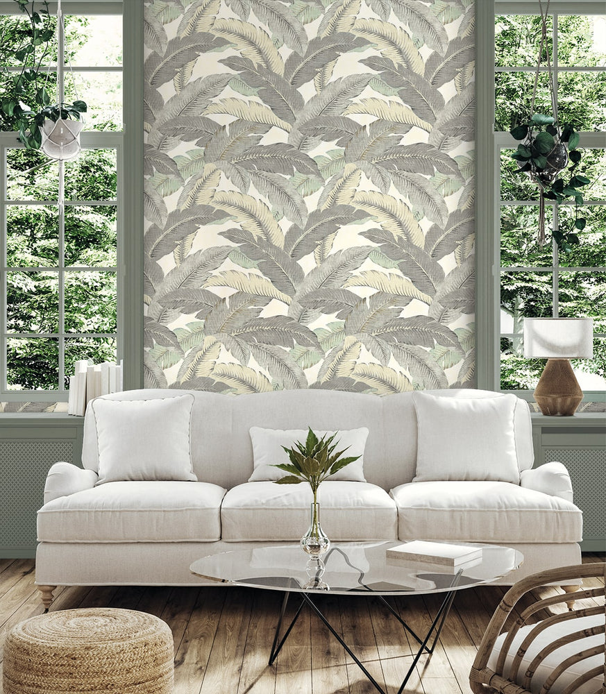 Palm leaf peel and stick wallpaper living room 802853WR from Tommy Bahama Home