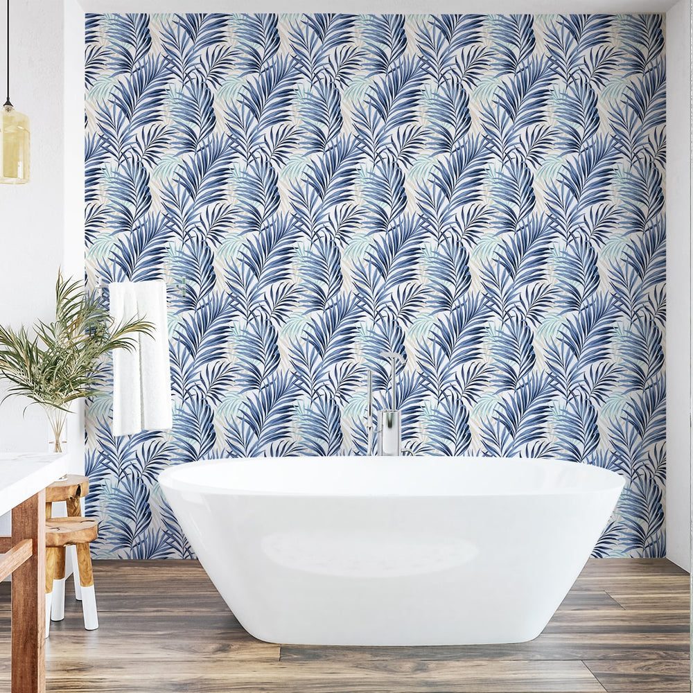 802860WR palm leaf peel and stick wallpaper bathroom from Tommy Bahama Home
