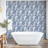 802860WR palm leaf peel and stick wallpaper bathroom from Tommy Bahama Home