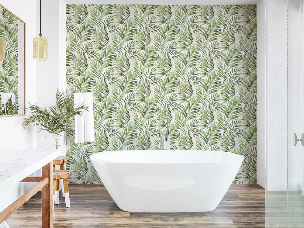 802861WR palm leaf peel and stick wallpaper bathroom from Tommy Bahama Home