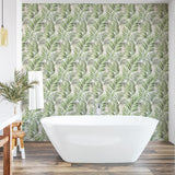 802861WR palm leaf peel and stick wallpaper bathroom from Tommy Bahama Home