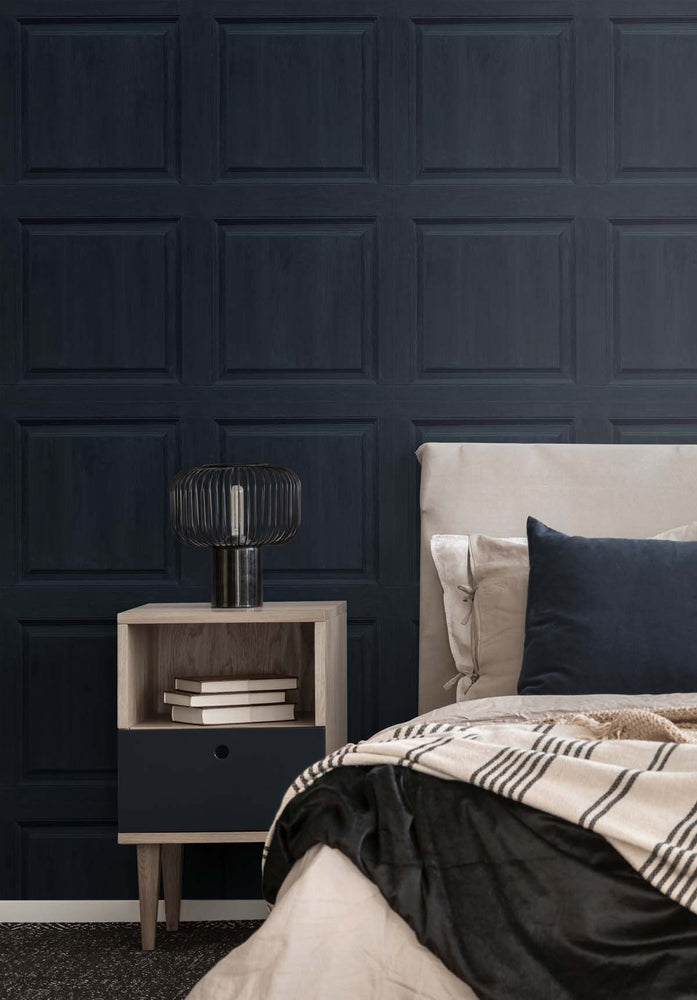 AS20302 faux wood panel peel and stick wallpaper bedroom from Arthouse