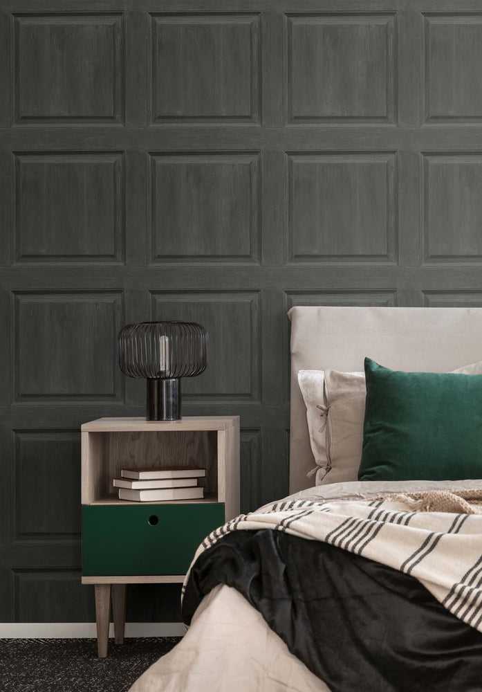AS20308 faux wood panel peel and stick wallpaper bedroom from Arthouse