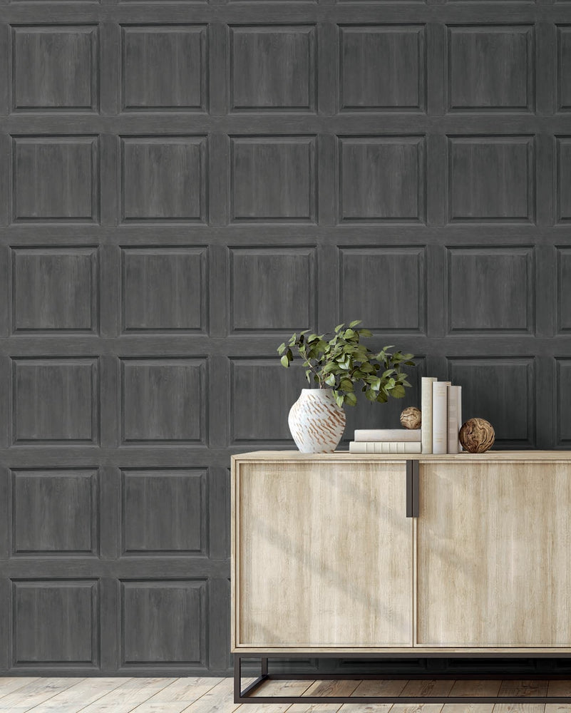 AS20308 faux wood panel peel and stick wallpaper entryway from Arthouse