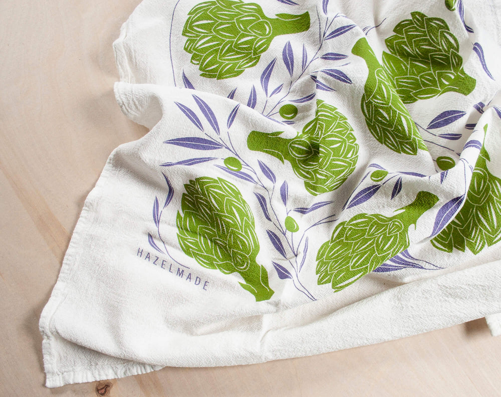 KT408 artichokes and olives tea towel detail from Hazelmade
