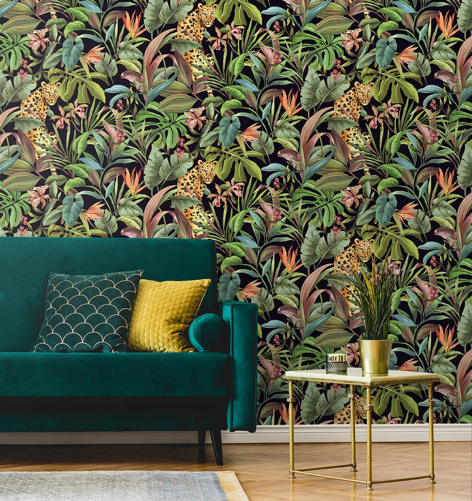 Jungle peel and stick wallpaper DB20100 living room from Daisy Bennett Designs