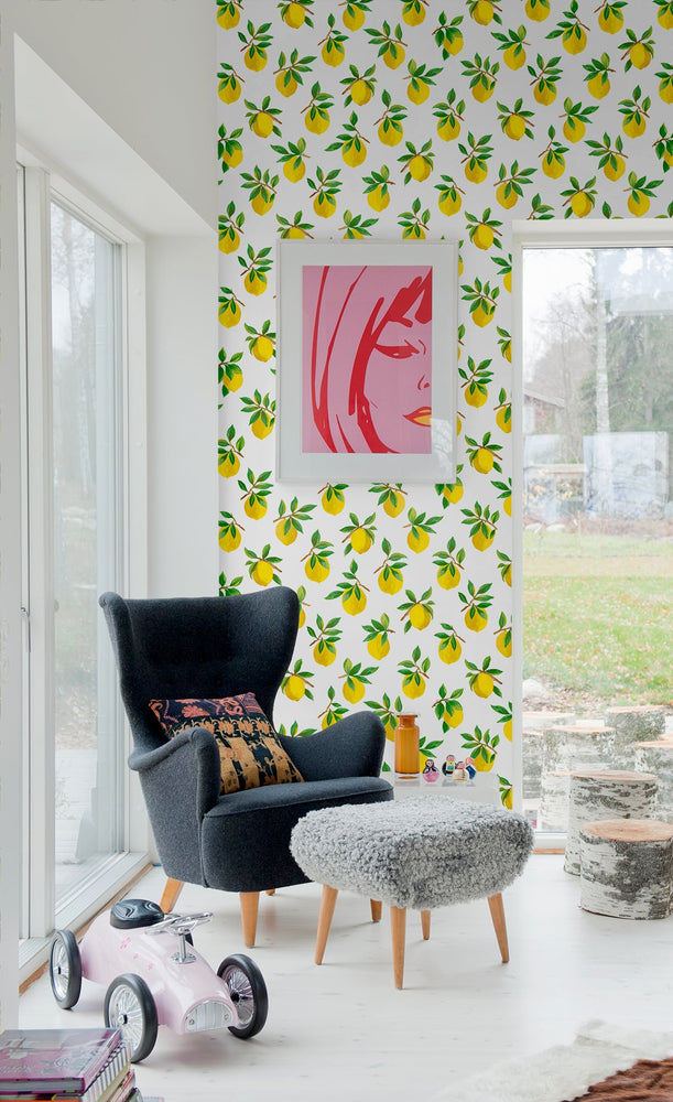 Lemon peel and stick wallpaper living room DB20403 from Daisy Bennett Designs