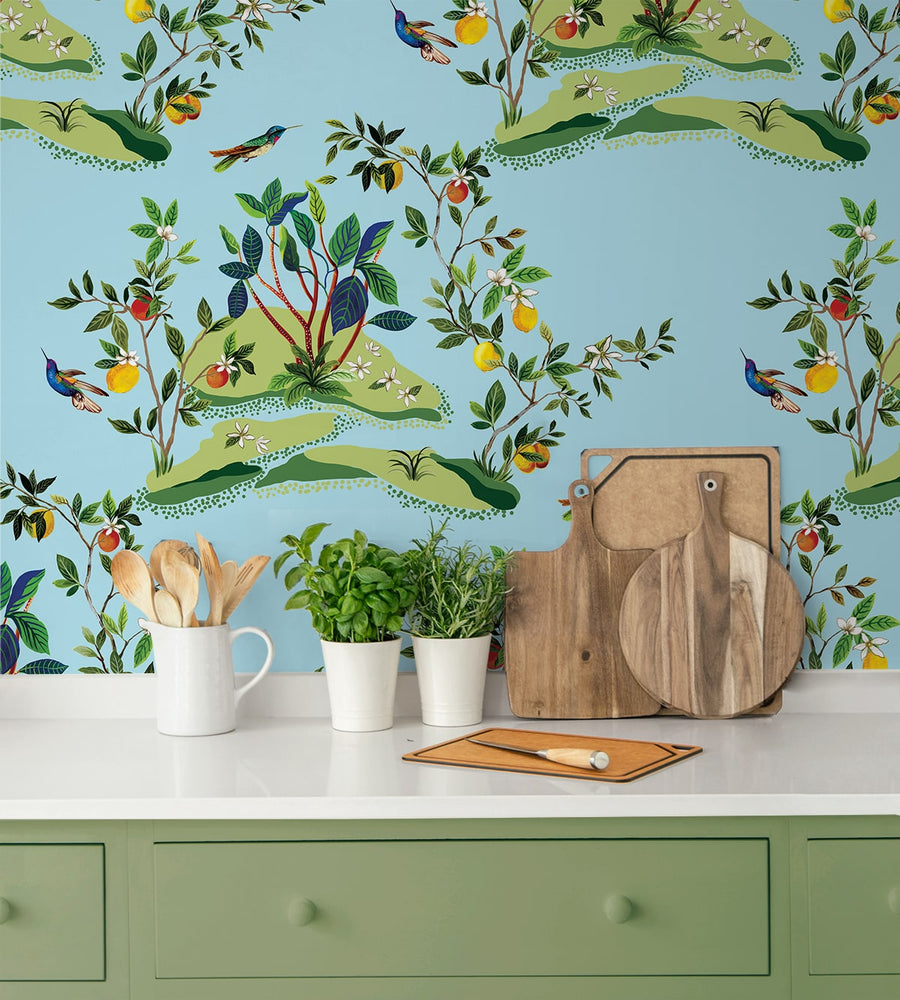 DBW9003 botanical wallpaper kitchen citrus hummingbird from the West Boulevard collection by Daisy Bennett Designs