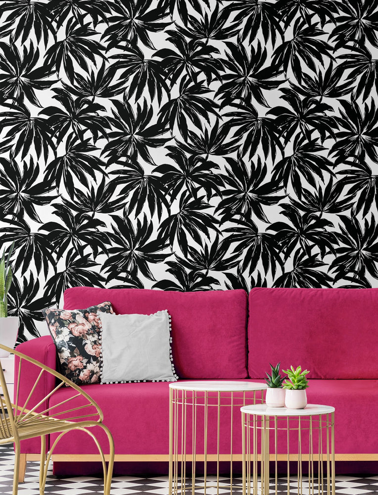 DBW9111 palm leaf wallpaper living room from the West Boulevard collection by Daisy Bennett Designs